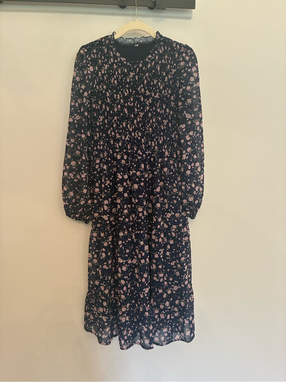 Floral Long Sleeve Midi Dress in Navy and Pink